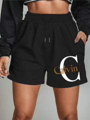 Шорты для женщин больших размеров с графическим принтом, повседневные летние пляжные спортивные шорты Black с золотыми буквами