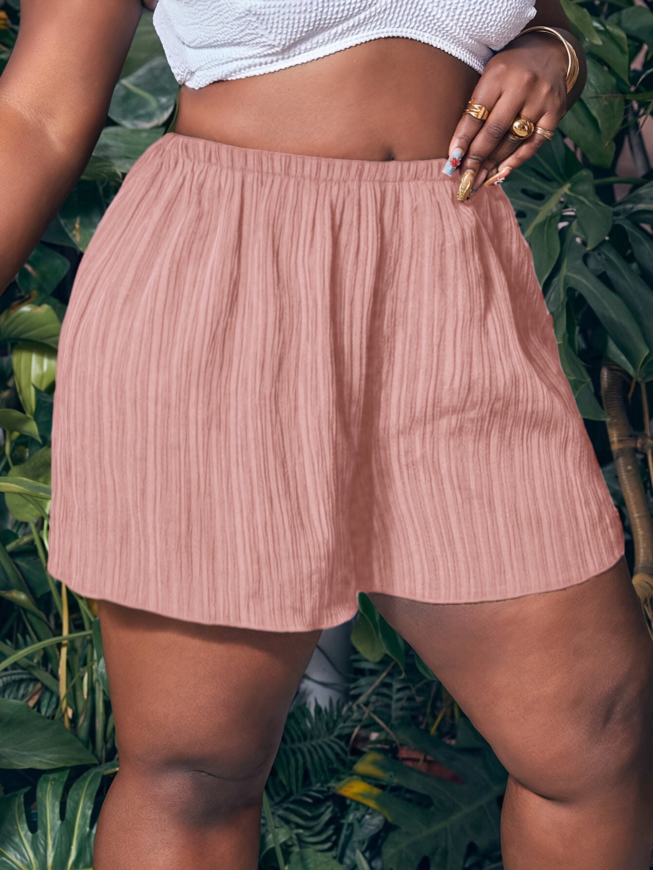 Women's Plus Size Pleated Loose-Fit Shorts Soft Pink Elastic Waist Summer Casual