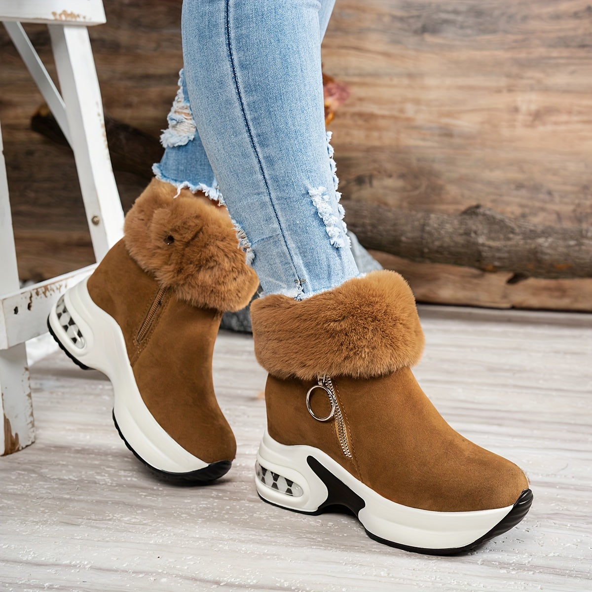 Women's Winter Plush-Lined Platform Ankle Boots with Thick Sole