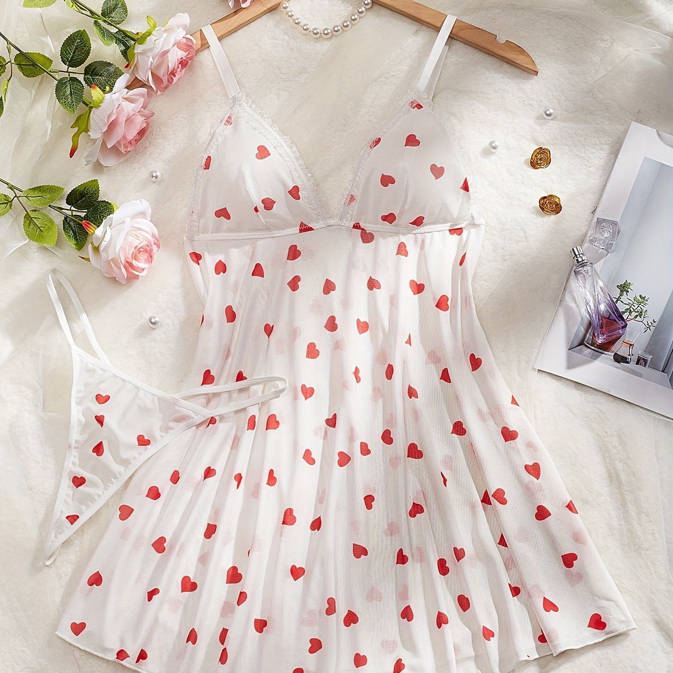Women's Heart Print Nightgown Set with Matching Thong for Romantic Evenings