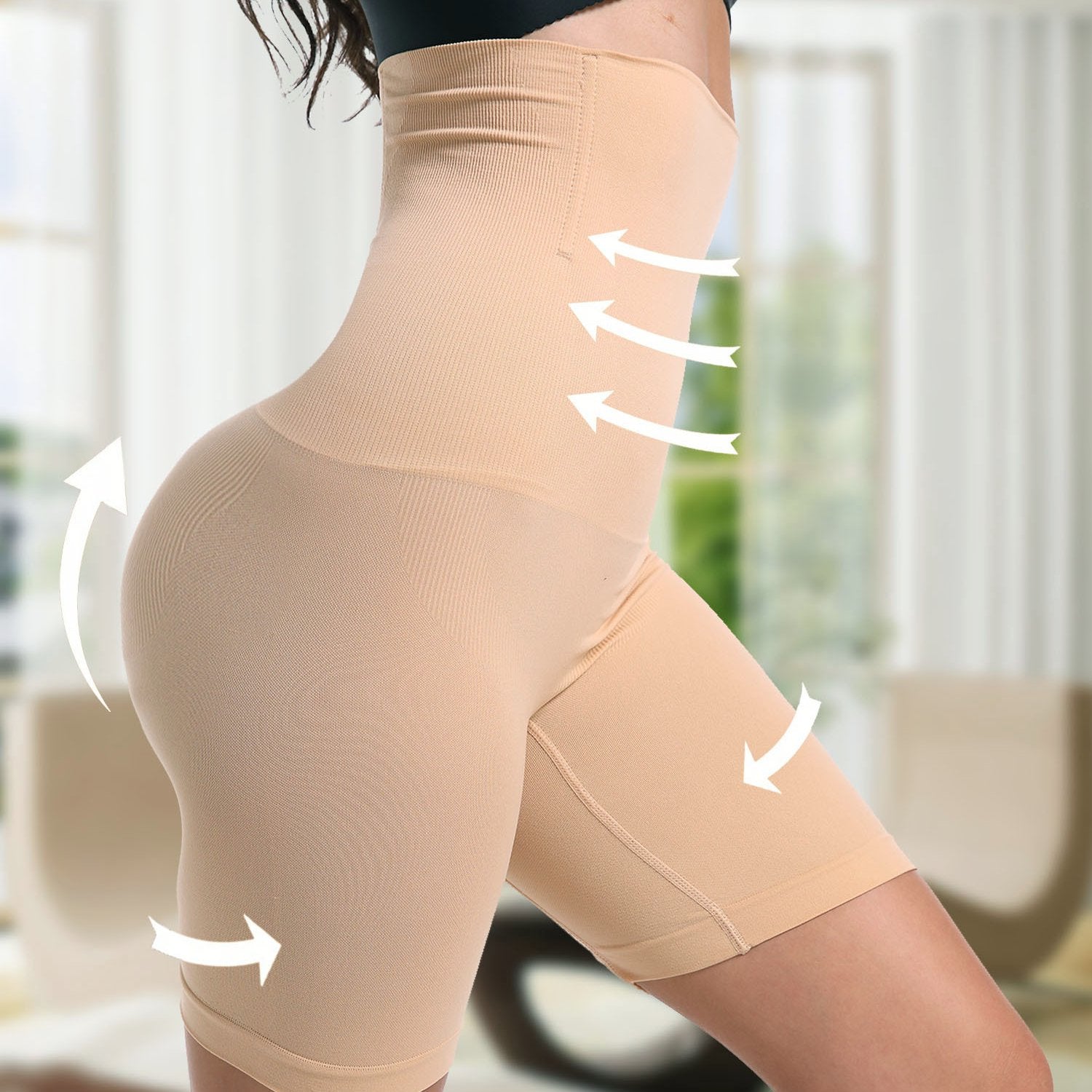 Трусики-шорты с высокой талией и бесшовной конструкцией для контроля живота и подъема ягодиц, черные