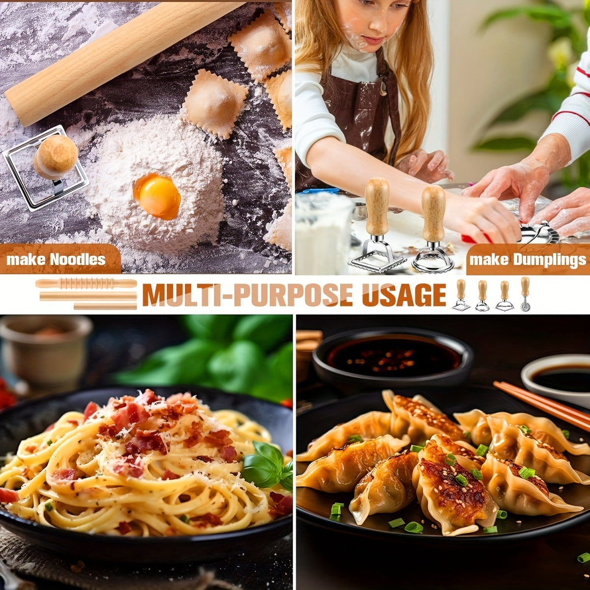 Set of 9 Pasta Making Tools Including Gnocchi Board Noodle Cutter and Ravioli Stamp