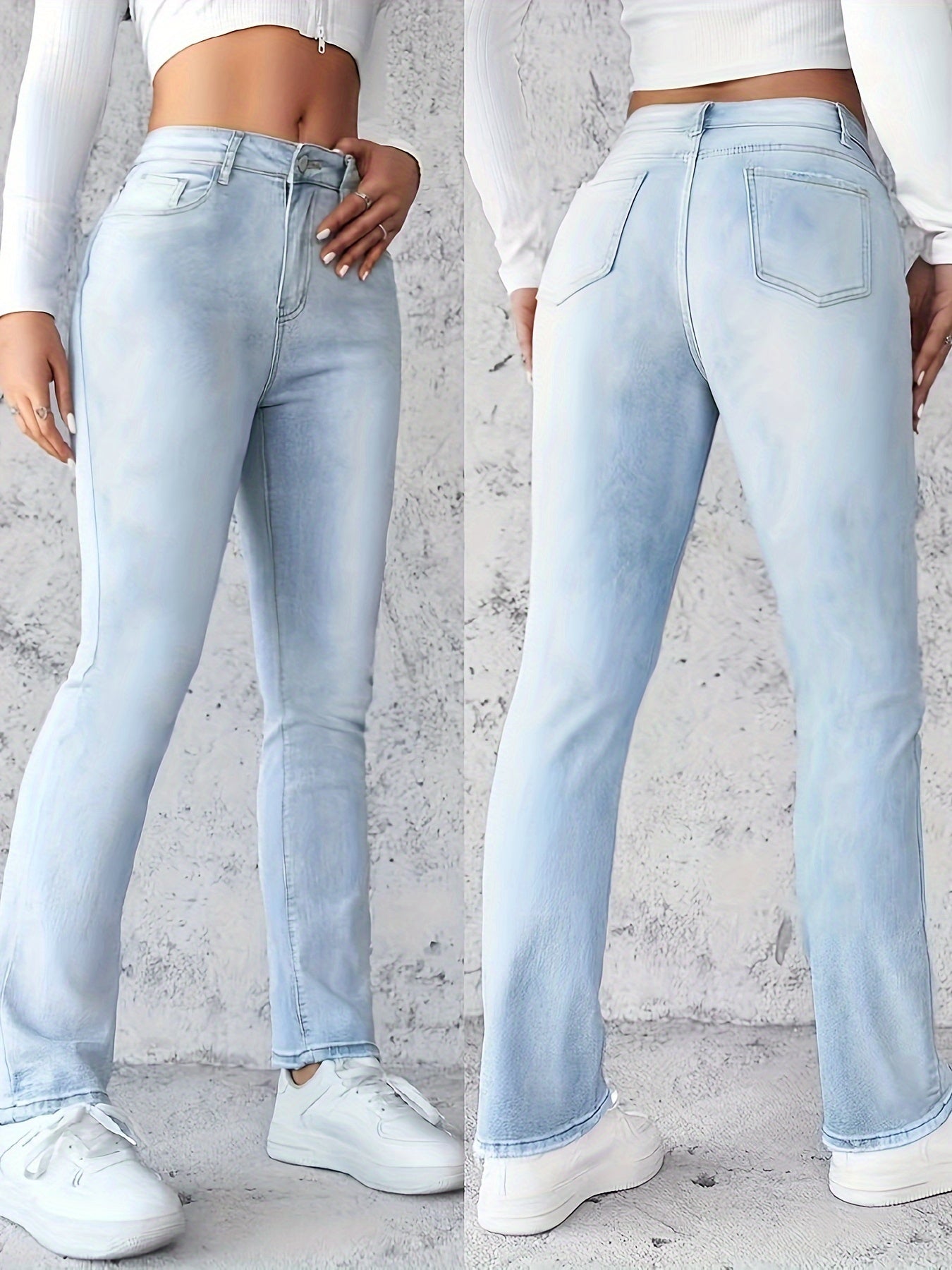 Women's Light Blue Distressed High-Waisted Straight Leg Jeans with Pockets