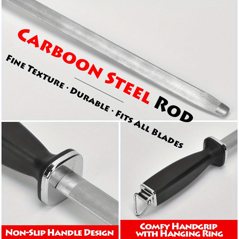 10-Inch Diamond Honing Steel Knife Sharpening Rod with Black Handle for Kitchen and Chef Knives