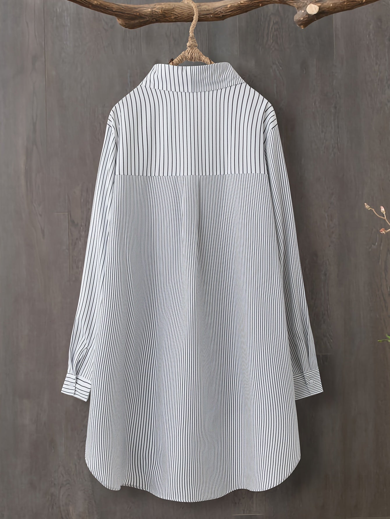 Plus Size Women's Button-Up Shirt with Asymmetrical Stripes, Regular Length, All-Season Non-Stretch Fabric