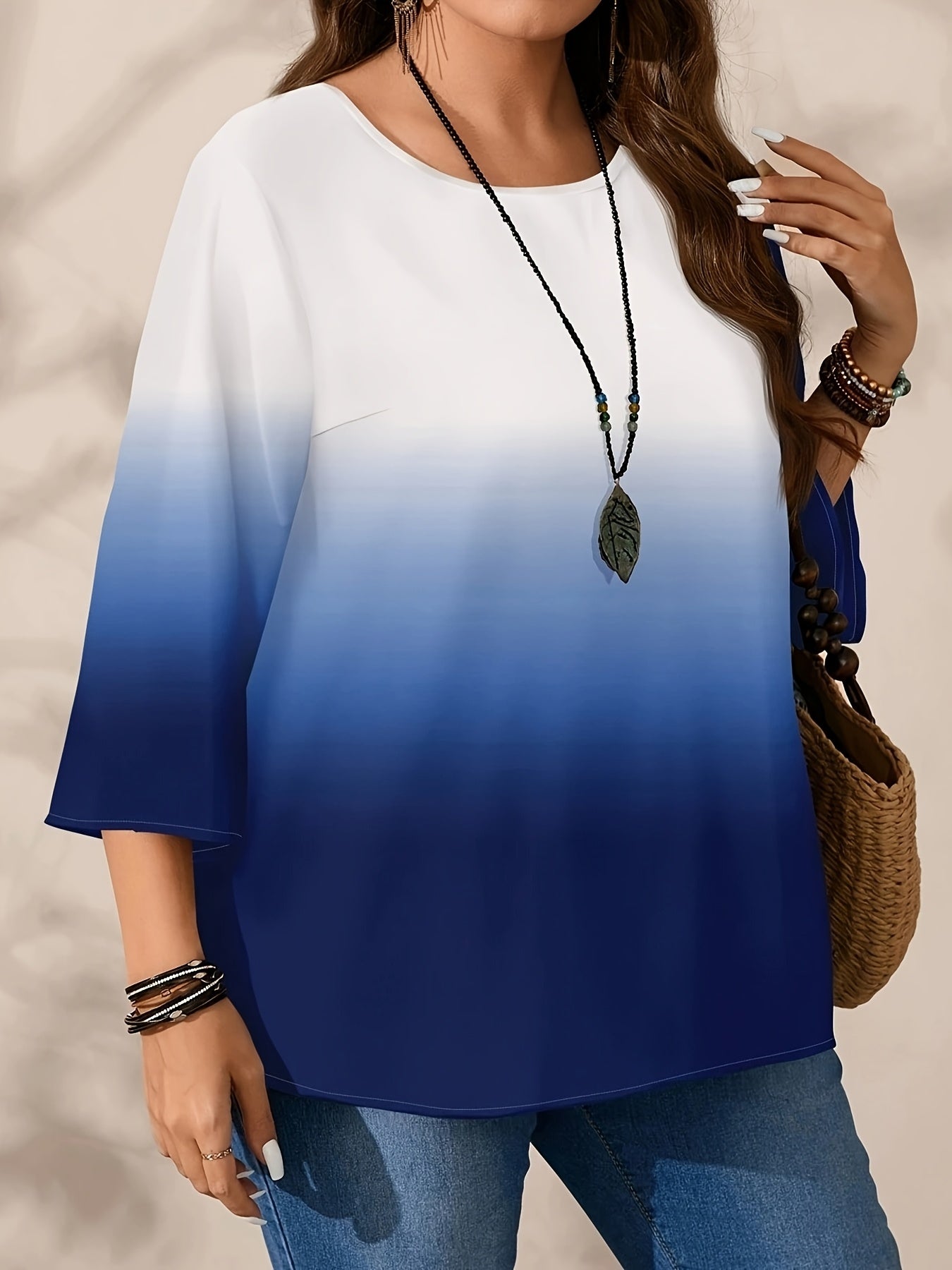 Plus Size Women's Gradient Blouse Office Wear Mid-Length Three-Quarter Sleeves Polyester