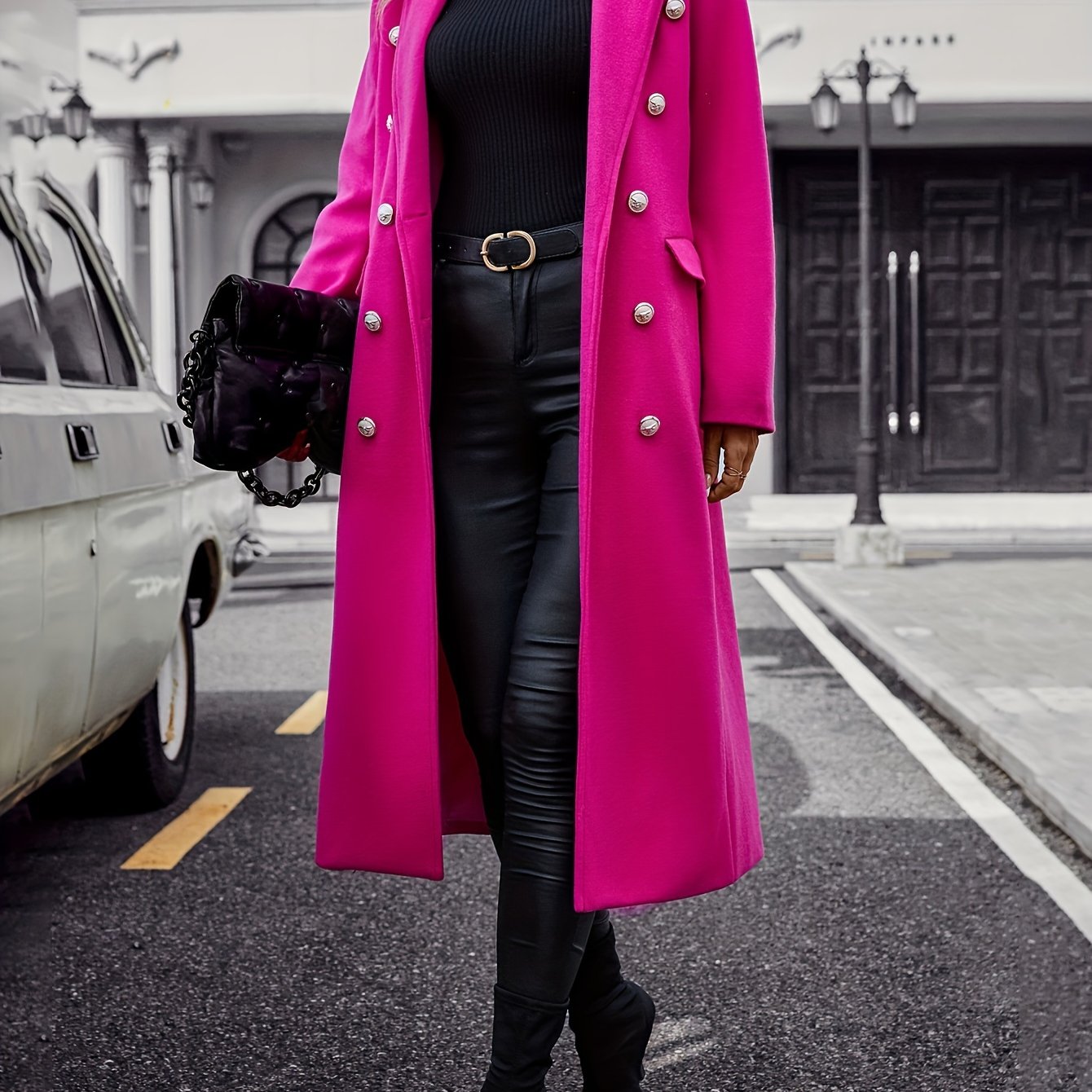 Women's Polyester Double-Breasted Coat with Lapel Long Sleeve Pockets Autumn Winter
