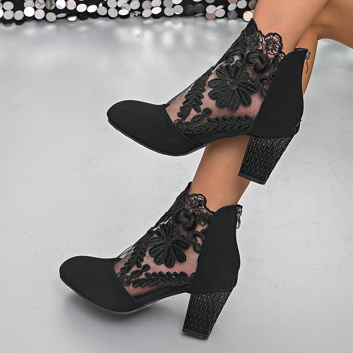 Women's Black Lace-Trimmed Mesh Ankle Boots Pointed Toe Chunky Heel