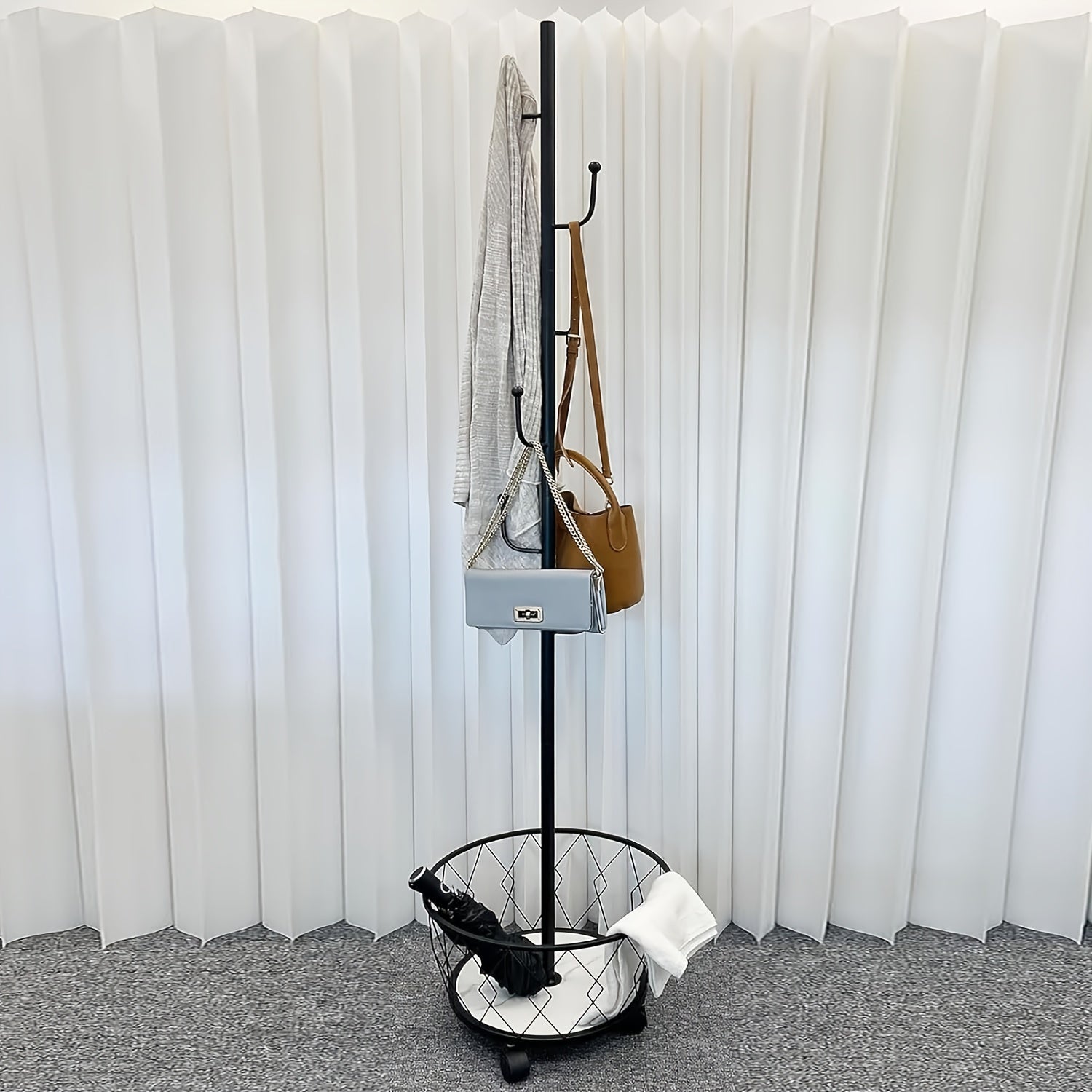 Golden Metal Freestanding Coat Rack with Umbrella Holder and 6 Shelves for Entryway and Living Room