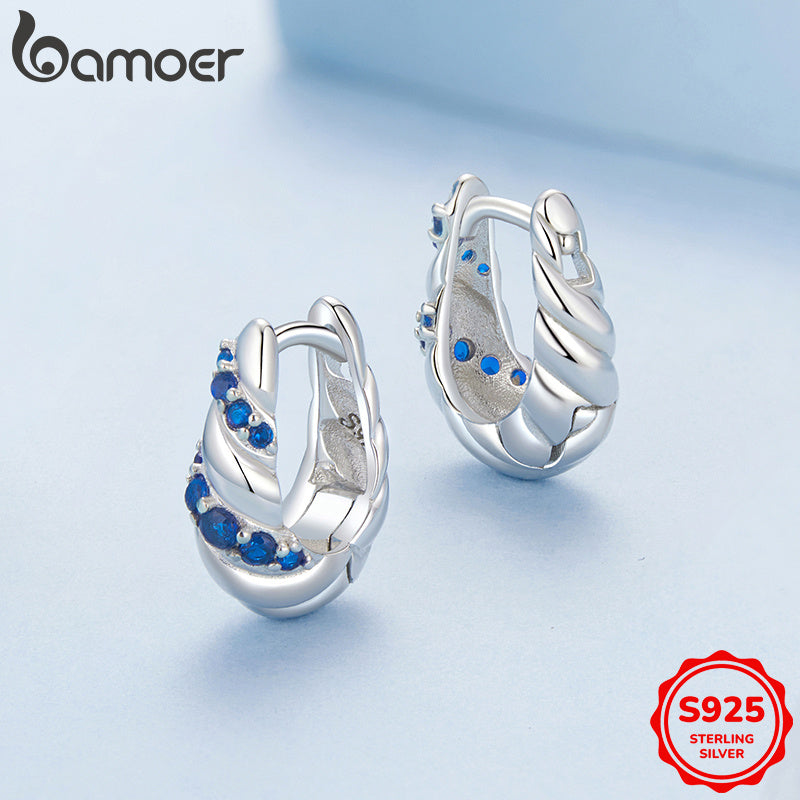 Sterling Silver Hoop Earrings Blue Twisted Design Synthetic Zirconia for Party or Daily Wear