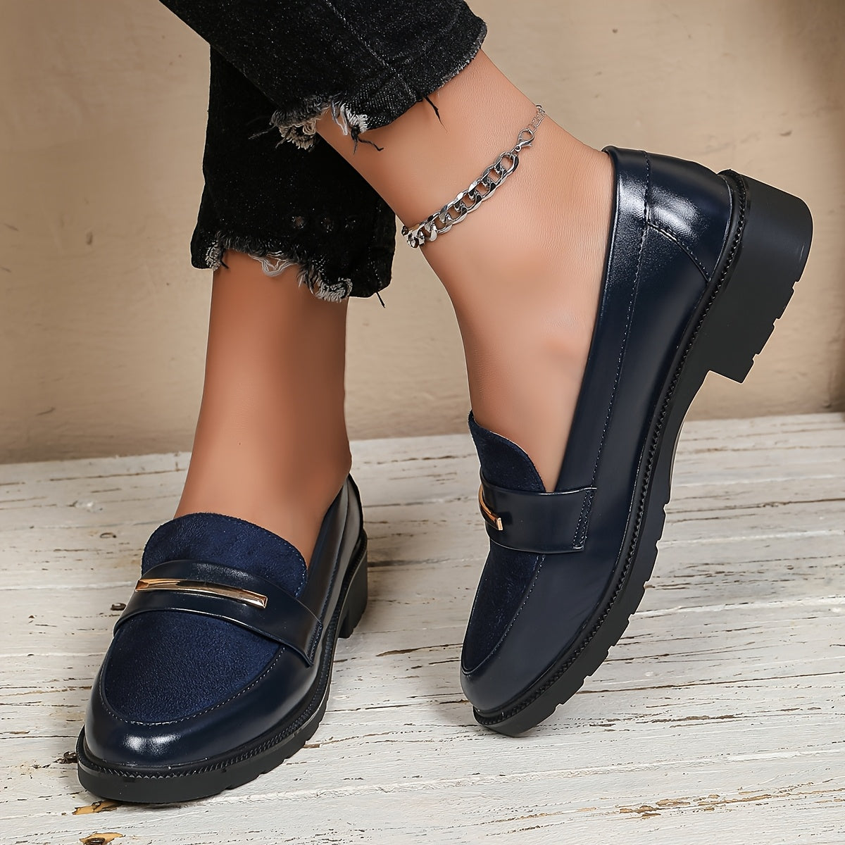 Women's Navy Blue Slip-On Loafers - Comfortable Casual Dress Shoes