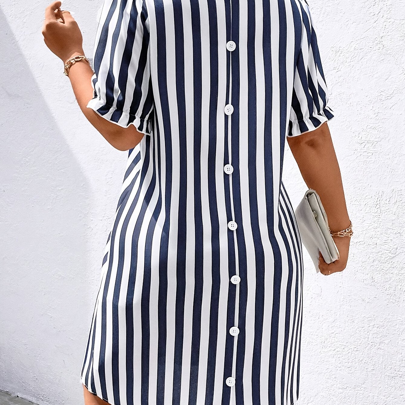Plus-Size Striped Dress with Flutter Short Sleeves and V-Neck for Women