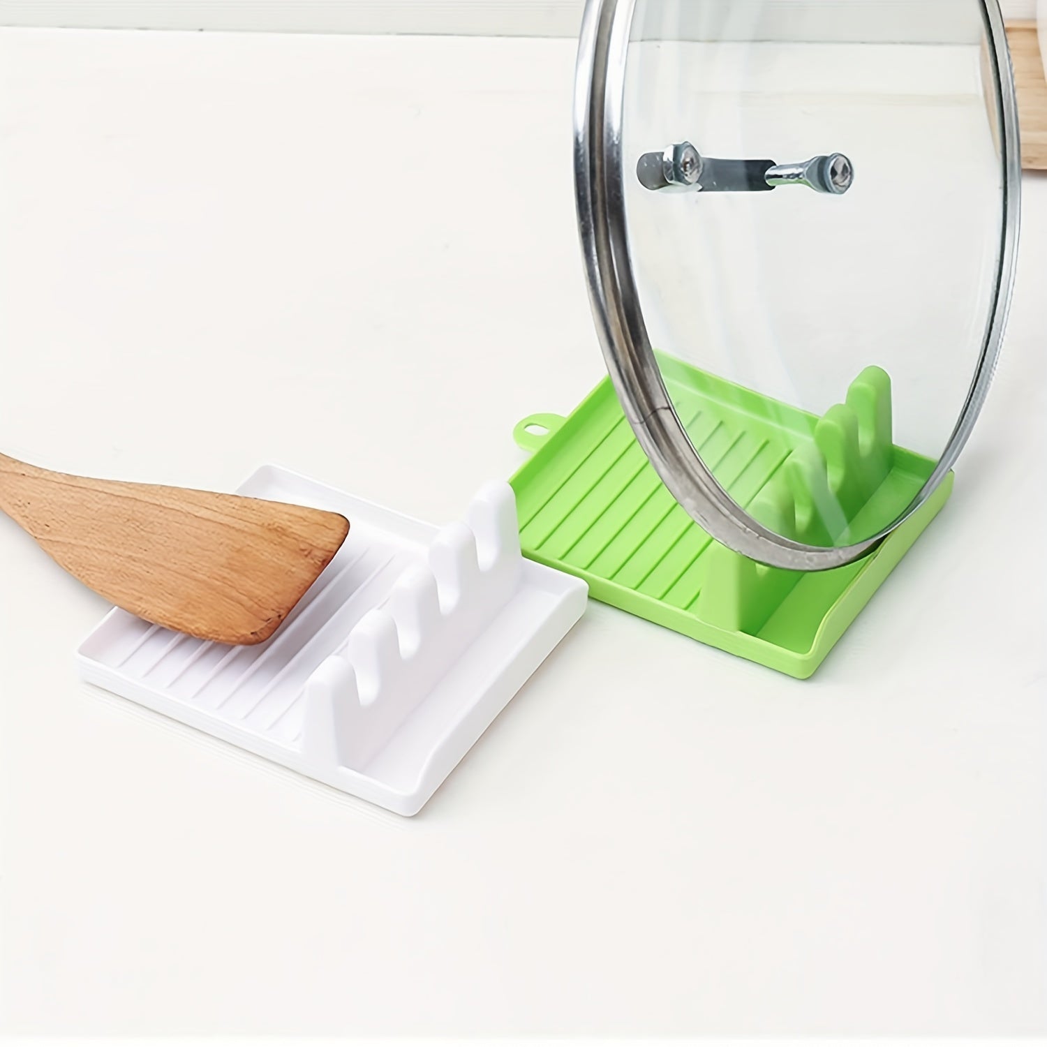 Kitchen Organizer Set 2 Pieces Spoon Utensil Holder with Lid Rack Drip Pad White Green