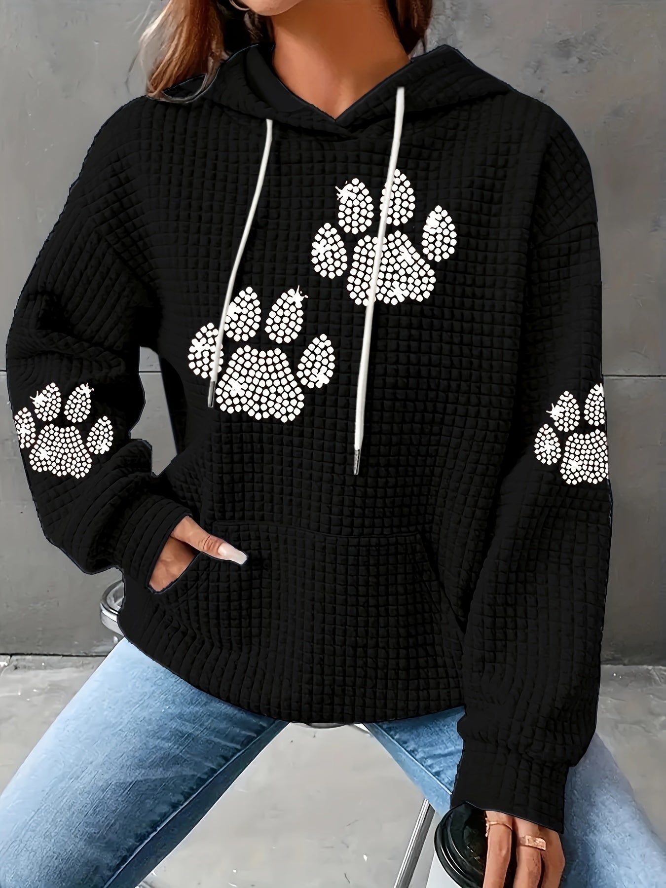 Plus Size Womens Hooded Sweatshirt with Rhinestone Paw Print Pullover