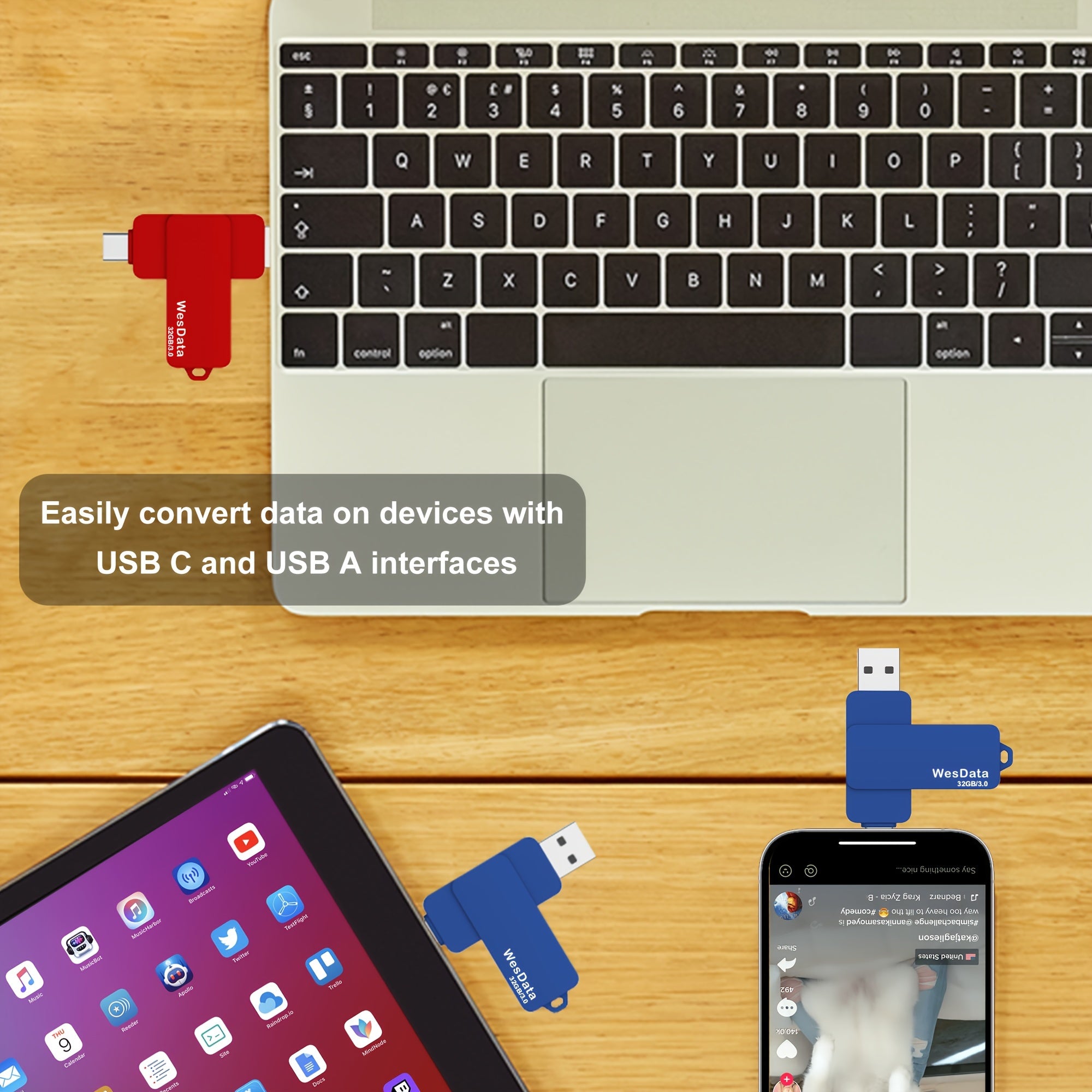 WesData USB-C flesh xotira qurilmasi 32GB, 64GB va 128GB xotira variantlari bilan, Android smartfonlari, planshetlar, noutbuklar, MacBook va PC bilan mos keladi. Turli tadbirlar uchun ideal sovg'a.