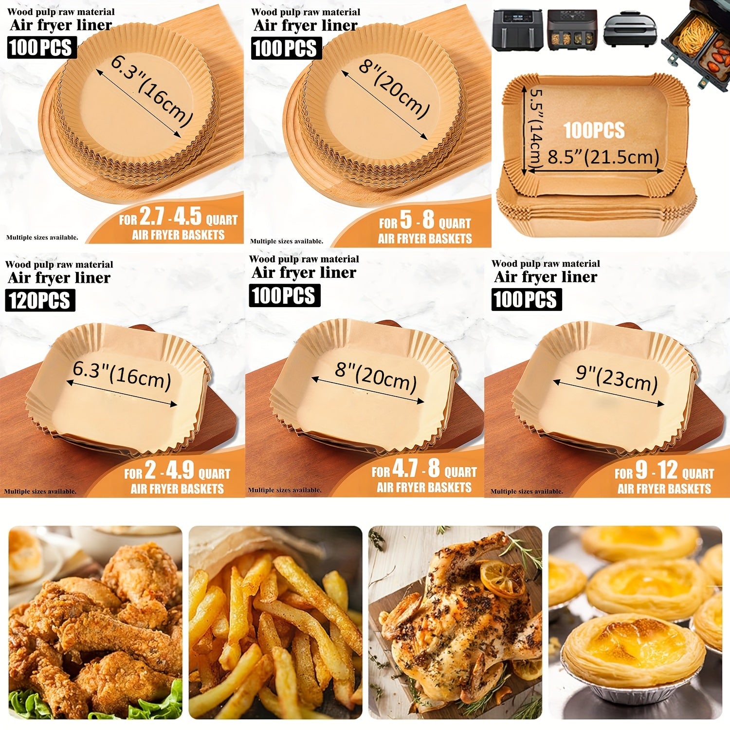 100 dona yopishmaydigan qog'oz qoplami, havo fritözlari, mikroto'lqinli pech, pishirish uchun