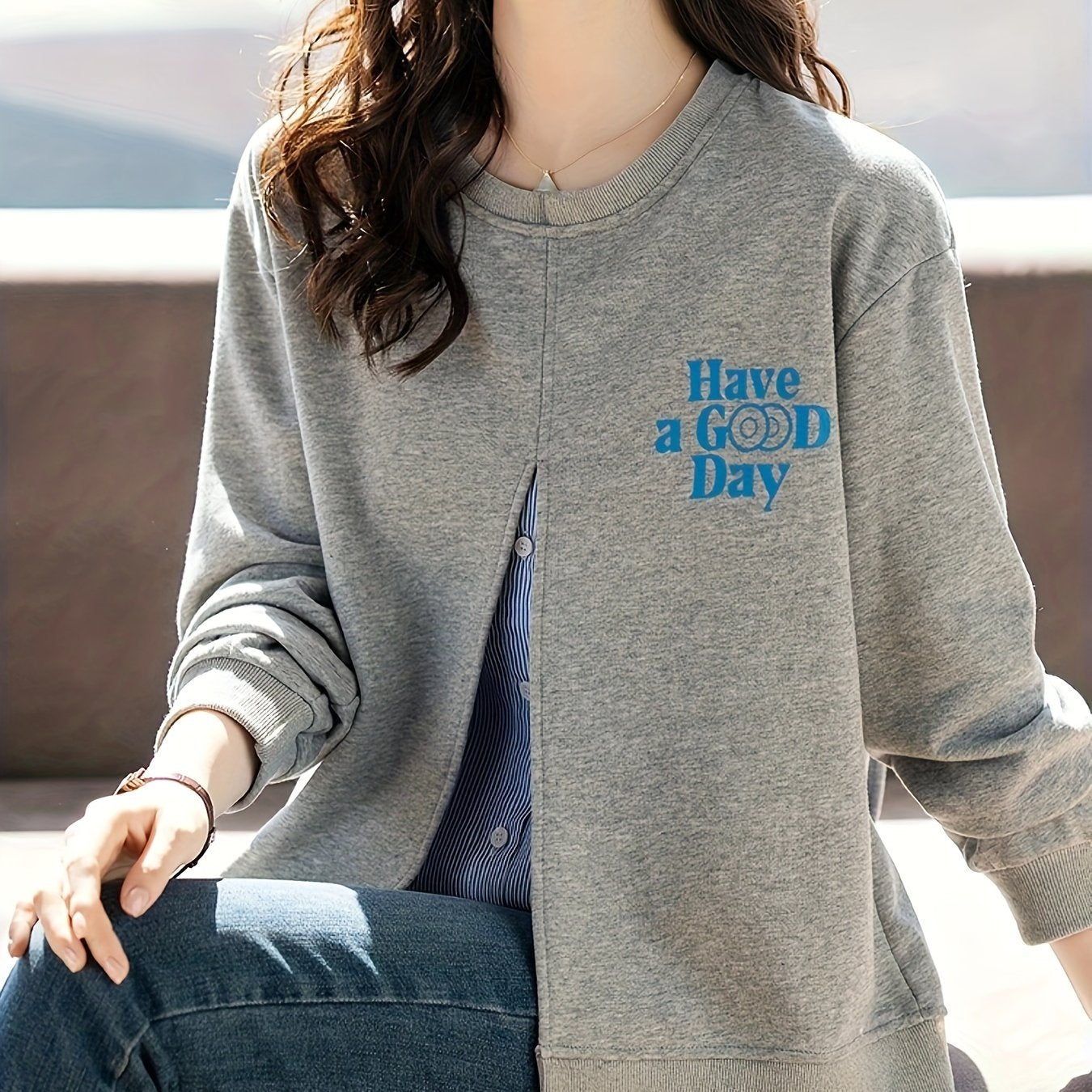 Women's Gray Sweatshirt with "Have a Good Day" Print, Casual Fit