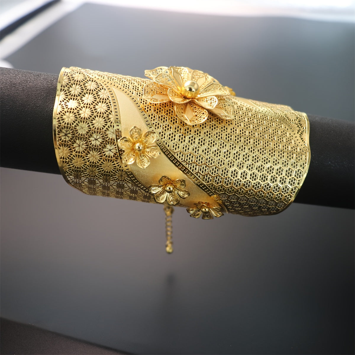 Gold Flower Bangle Bracelet with Rhinestones for Formal Events