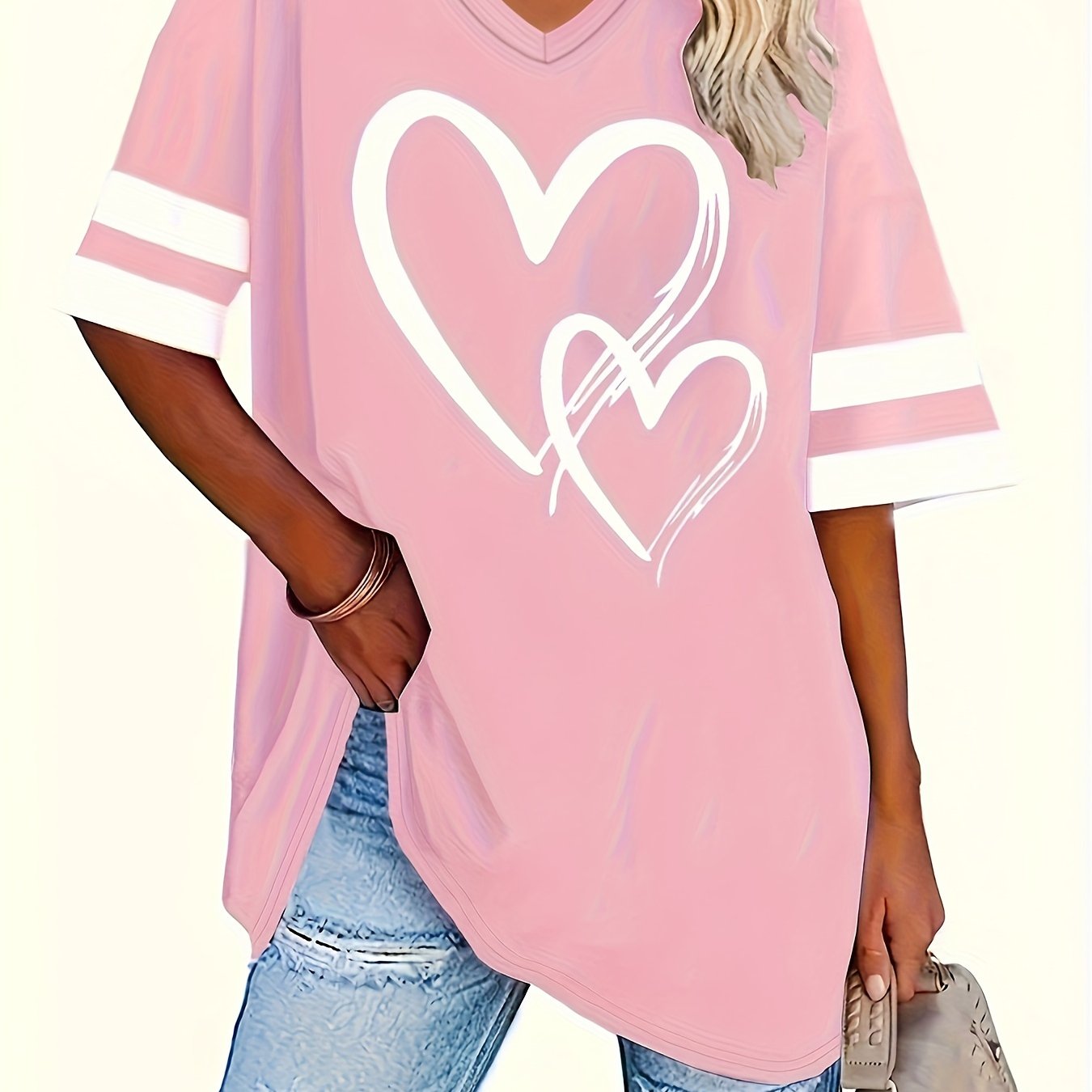 Plus Size Heart Print T-Shirt Casual Short Sleeve V Neck Top for Summer