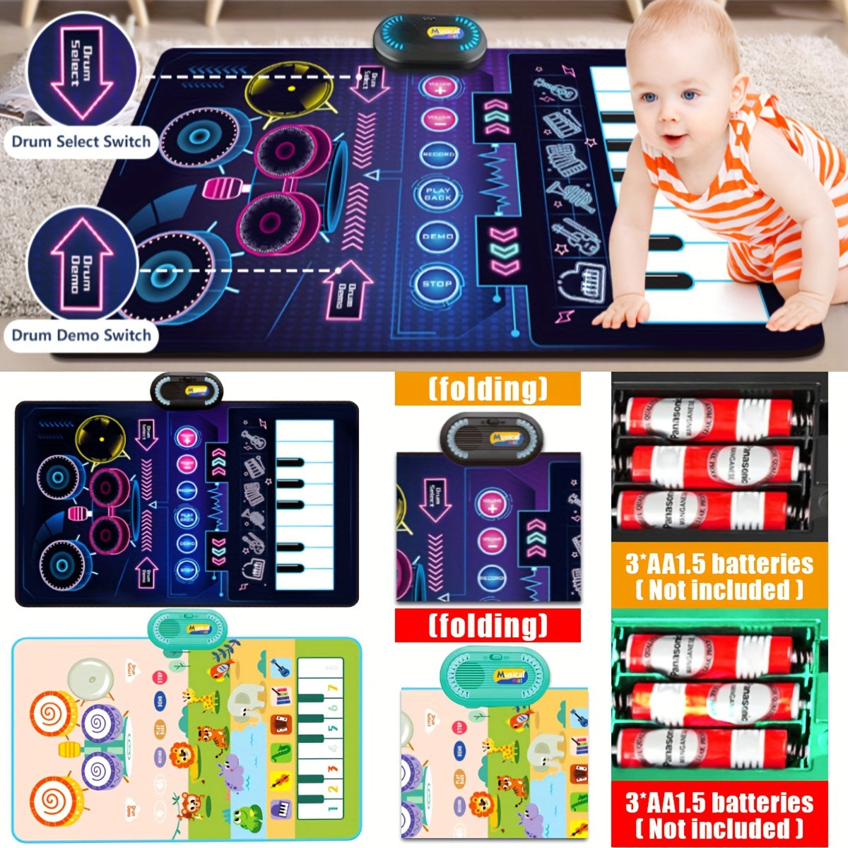 Alfombra de juego musical interactiva y set de batería para niños con sonido colorido e instrumentos duales
