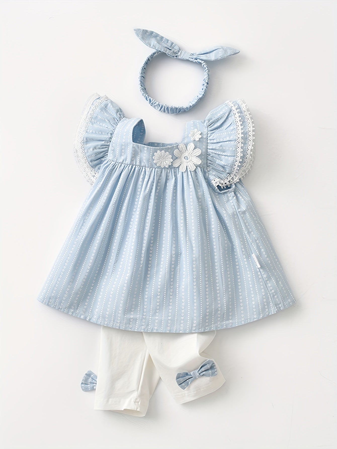 Girls Summer Outfit Set with Flower Pattern Lace Dress Pants and Headband for Toddler Baby Girls