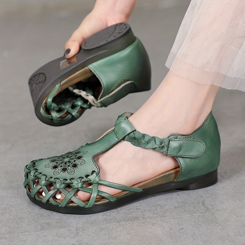 Women's Green Flat Shoes Breathable Casual T-Strap Walkers