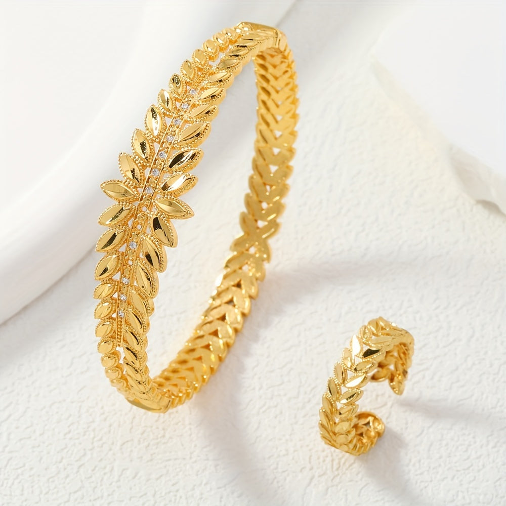 Ayollar uchun zamonaviy 2-qismli zargarlik to'plami - Moslashuvchan bug'doy quloq qopqog'i bilaguzuk va uzukni o'z ichiga oladi, porloq zirkoniya bilan bezatilgan retro dizayn, tug'ilgan kunlari va har kuni foydalanish uchun ideal sovg'a.