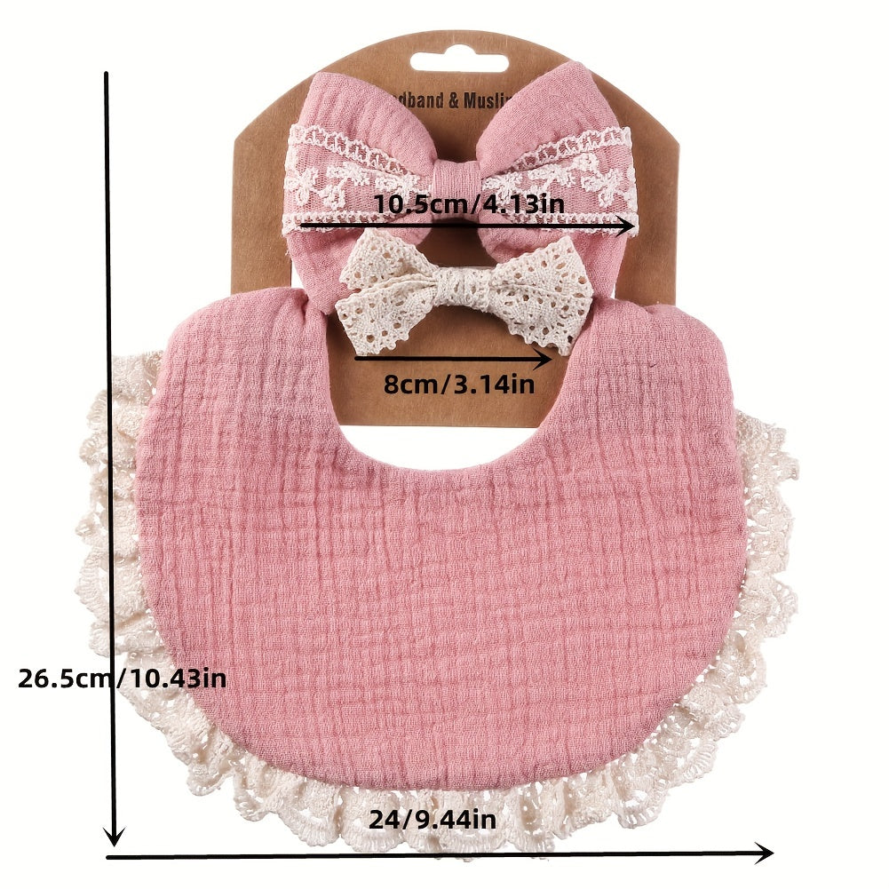 Baby Headbands and Bibs Set of Two with Stain-Resistant Baby Bib and Lace Bow Headband