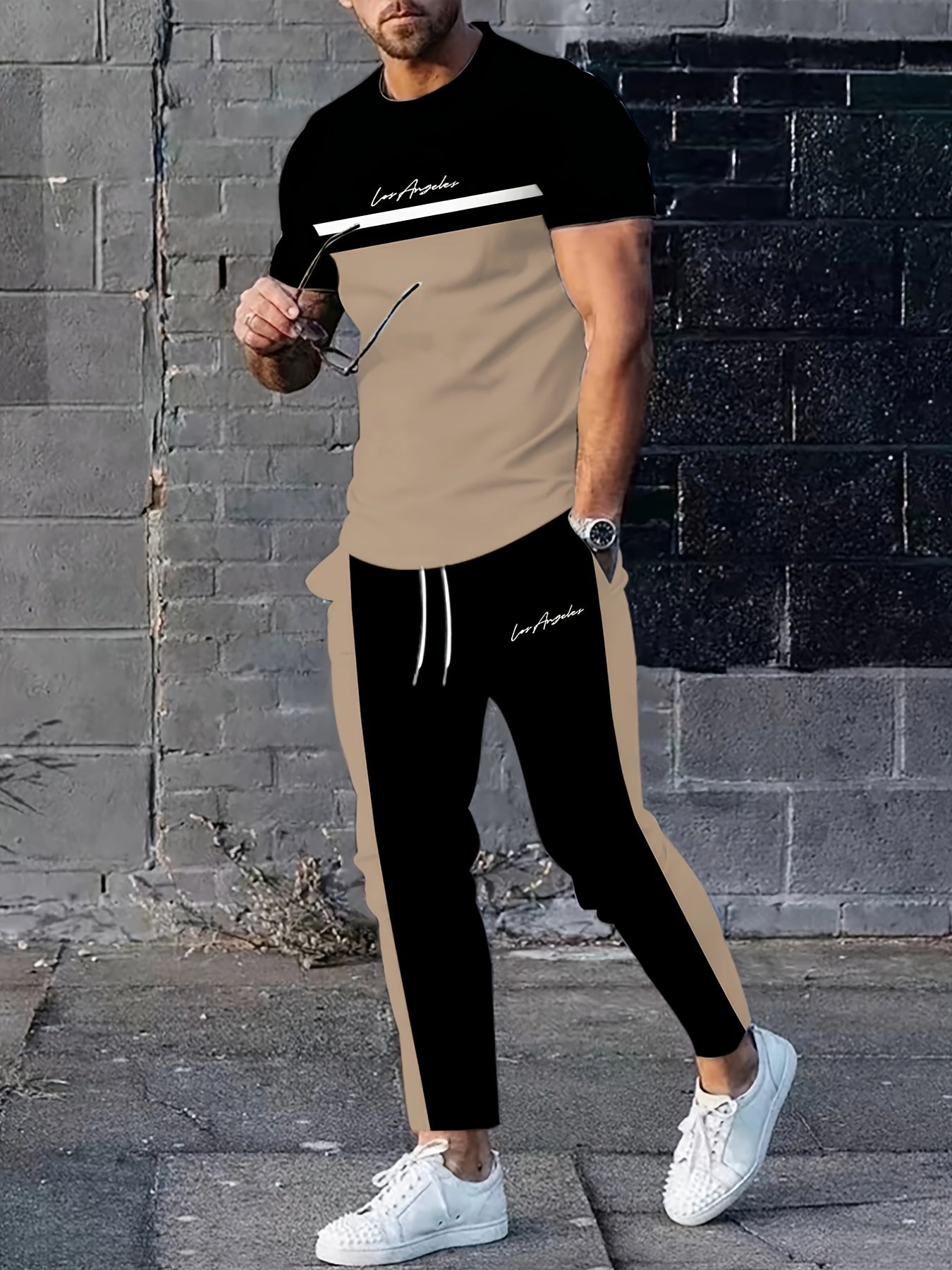 Men's Color-Blocked Two-Piece Set Polyester Casual Sportswear for Spring and Summer