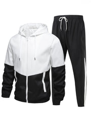 Yoz, kuz va qish mavsumi uchun kapüşonli kurtka, shortlar va shimlardan iborat erkaklar sport tasodifiy kostyumi, rang blokirovkasi bilan juft uslubida.