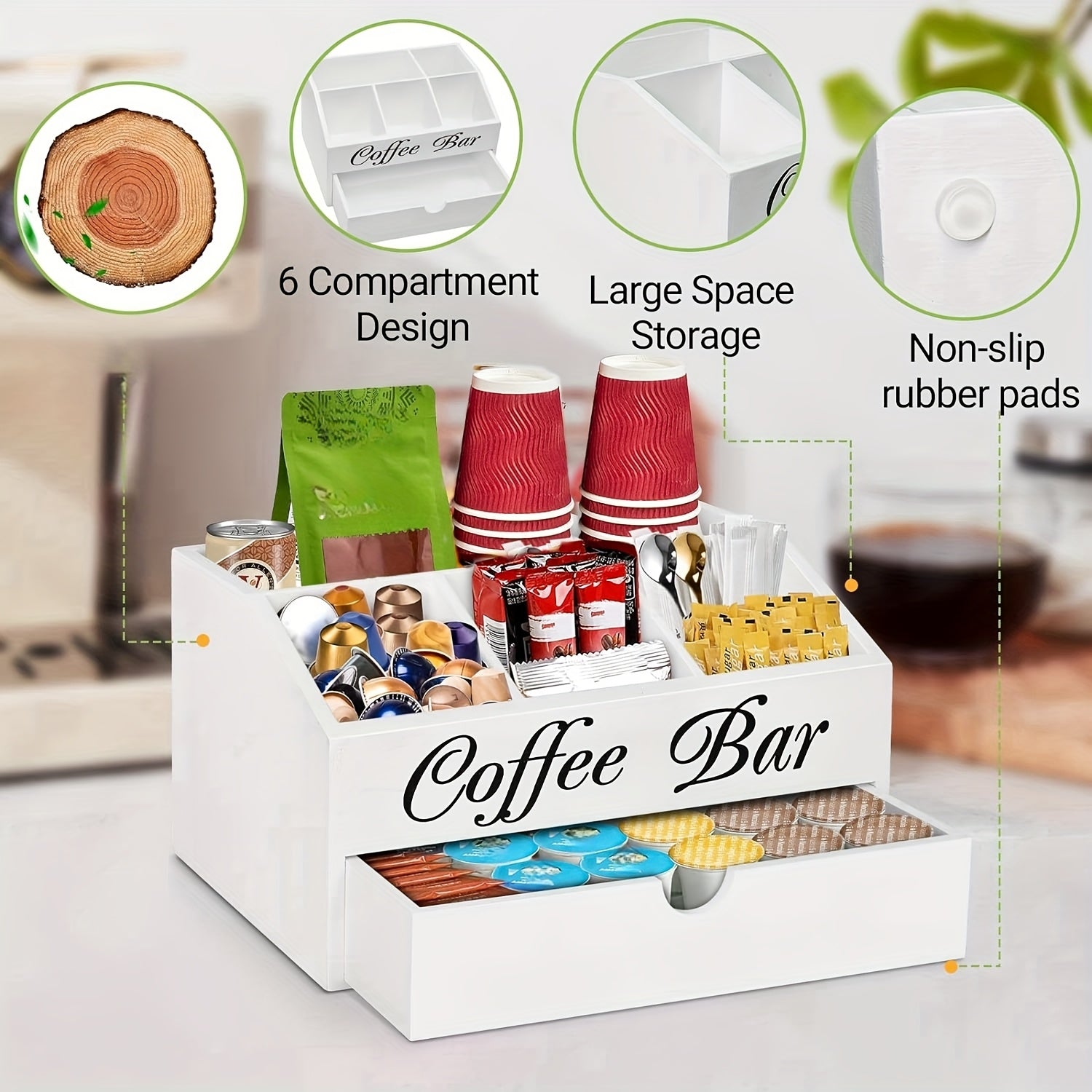 Organizador de barra de café de madera con cajón para tazas, cápsulas y accesorios, almacenamiento de cocina