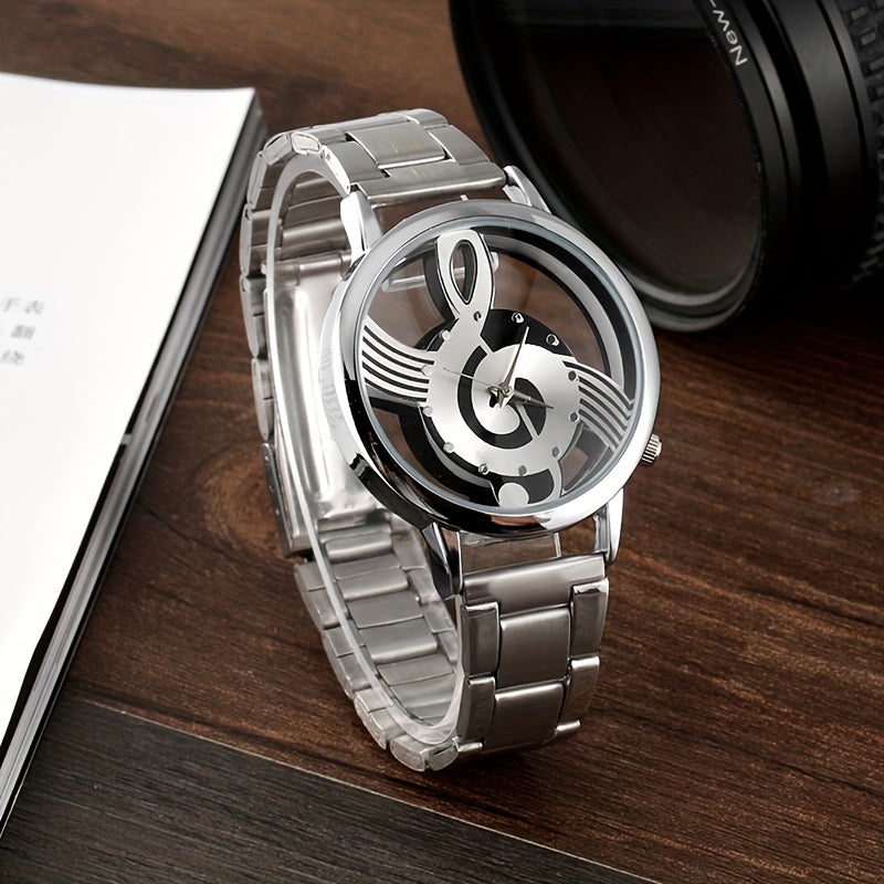 Men's Stainless Steel Quartz Watch with Musical Notation Dial