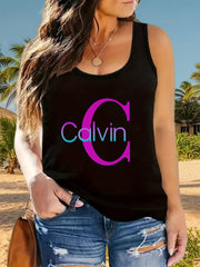 Plus Size Women's Black Sleeveless Tank Top with Pink Blue Geometric Print