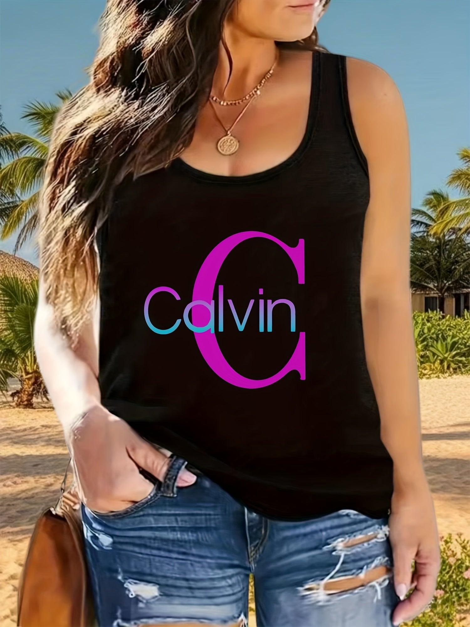 Plus Size Women's Black Sleeveless Tank Top with Pink Blue Geometric Print