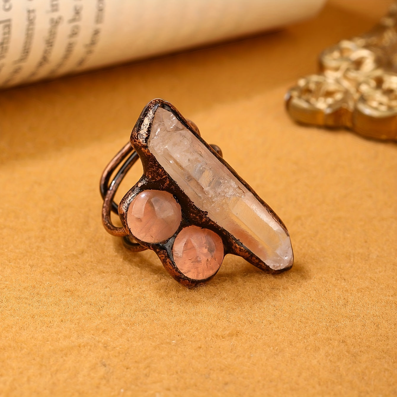 Vintage Copper Cuff Ring with Raw Quartz and Rose Quartz for Women Adjustable Jewelry