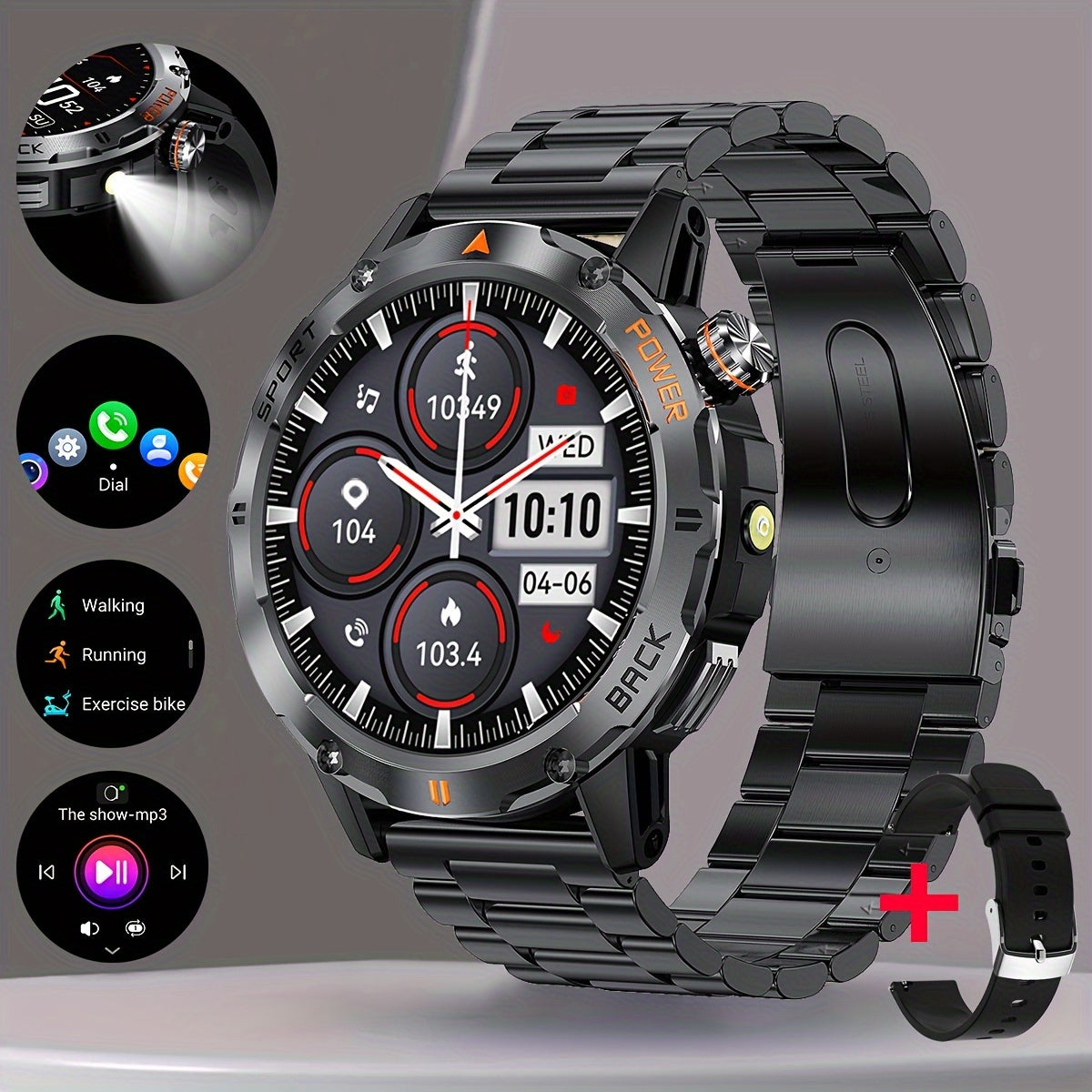 Reloj inteligente para hombres con linterna, podómetro, inalámbrico 5.0, recargable, IP67, para exteriores