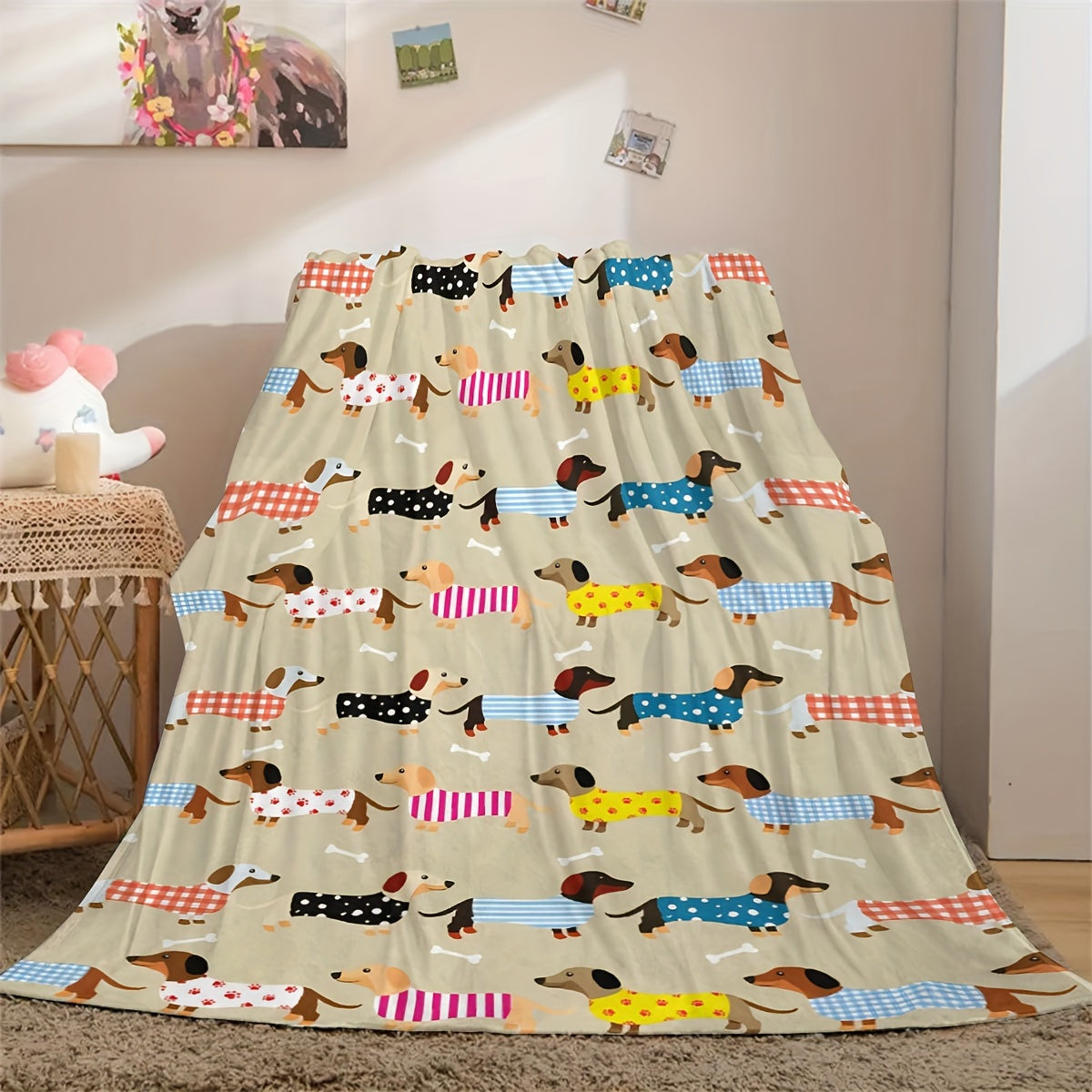 Dachshund Pattern Throw Blanket Polyester Stain-Resistant Knitted Gift for Dog Lovers