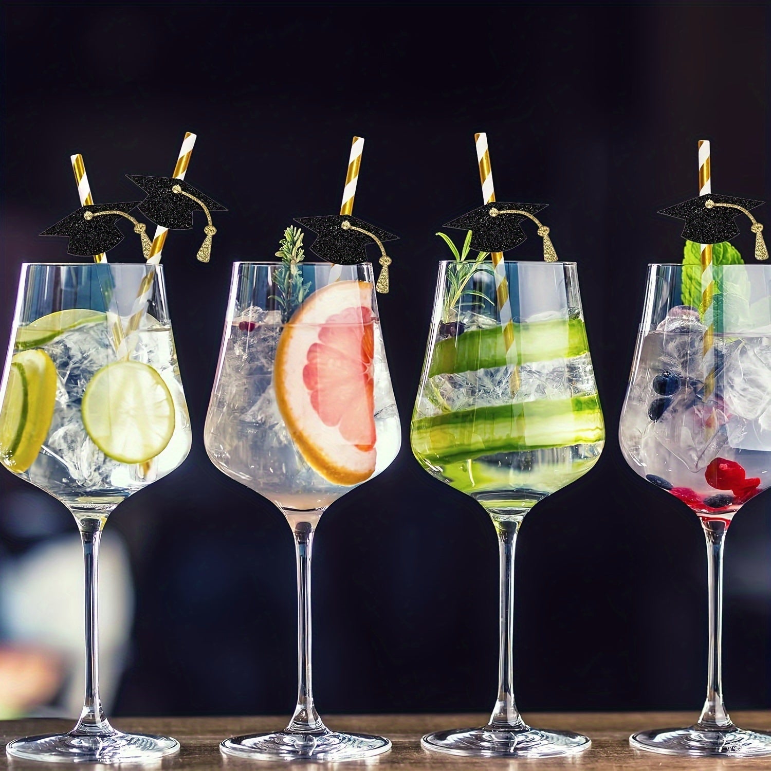 12 Graduation Cap Paper Straws with Gold Foil Accents for Parties