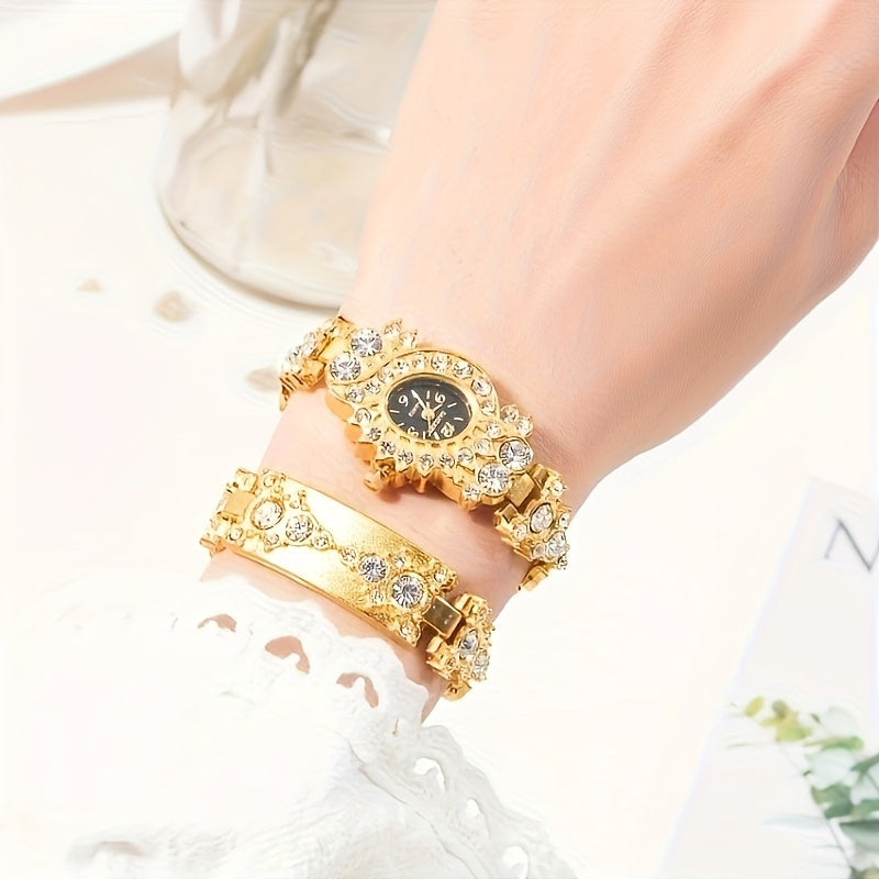 Women's Gold Rhinestone Quartz Watch with Oval Zinc Alloy Case and Analog Display