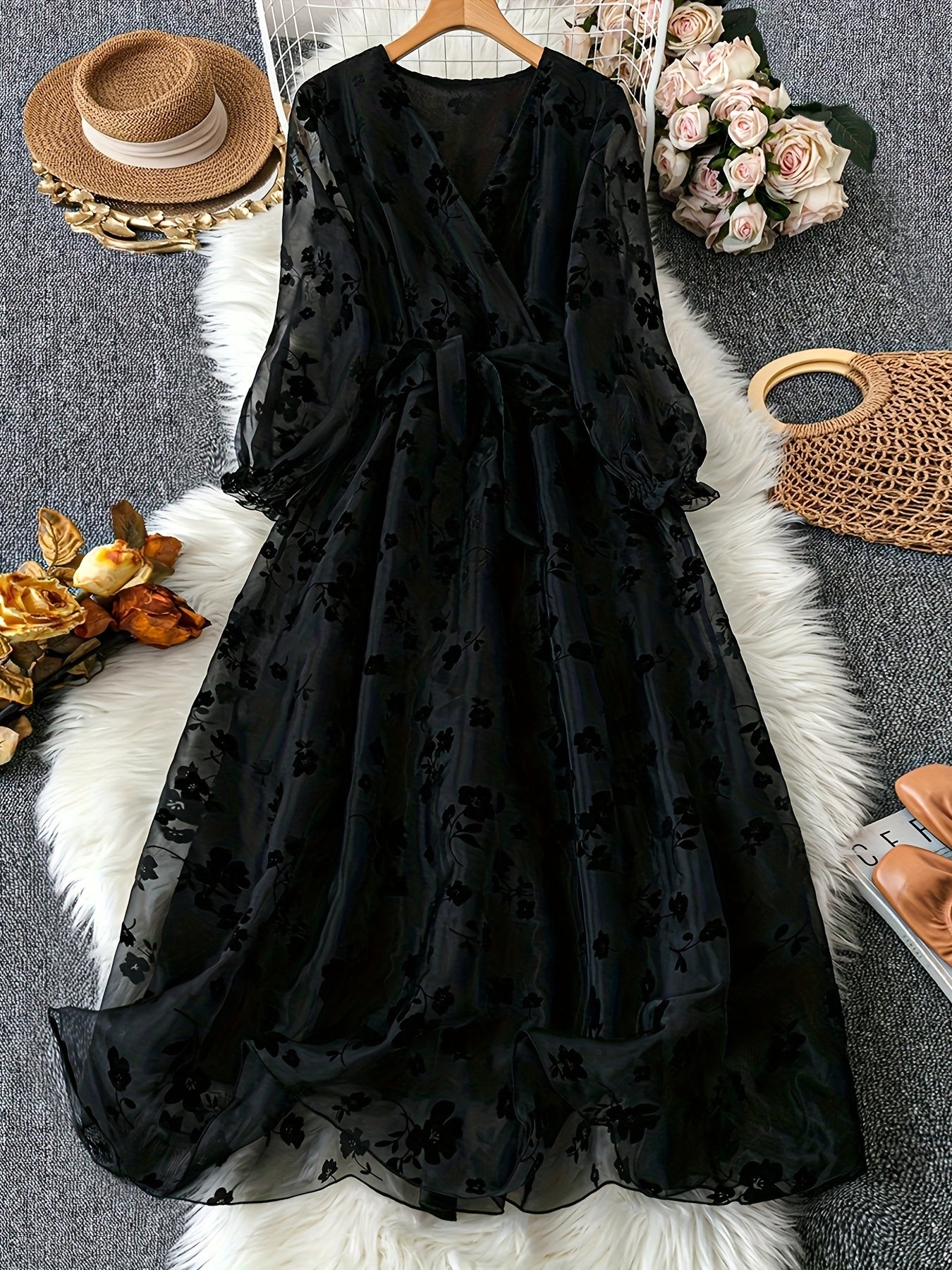 Plus Size Floral Pattern Belted Dress with Long Sleeves and Surplice Neck