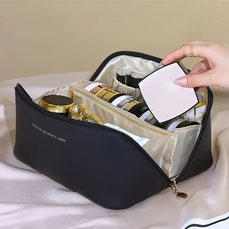 Double-Layer Leather Travel Cosmetic Bag for Men and Women Waterproof Makeup Organizer