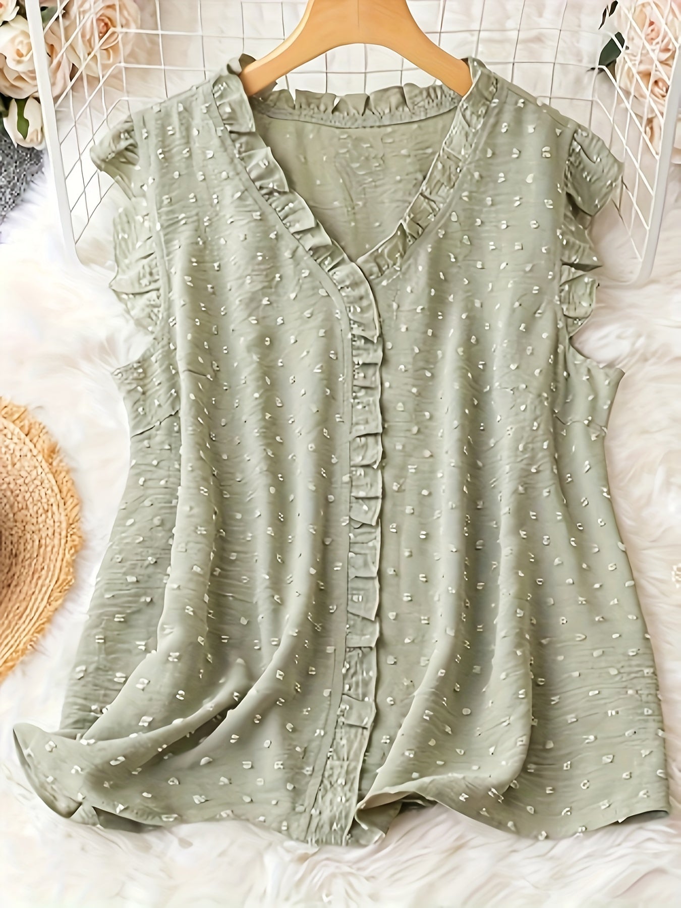 Блузка большого размера без рукавов с V-образным вырезом, в горошек, с рюшей