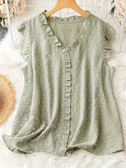 Блузка большого размера без рукавов с V-образным вырезом, в горошек, с рюшей