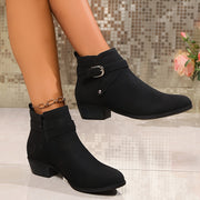 Women's Gray Ankle Boots with Buckle Straps Pointed Toe Chunky Heel