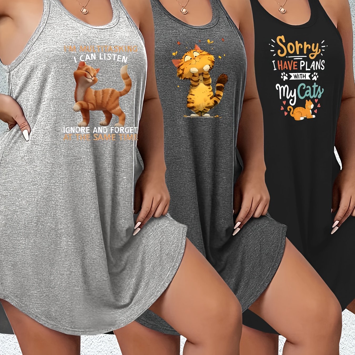 Ayollar uchun katta o'lchamdagi mushuk bosimli tank top va yubka to'plami, polyester, kundalik yozgi kiyim