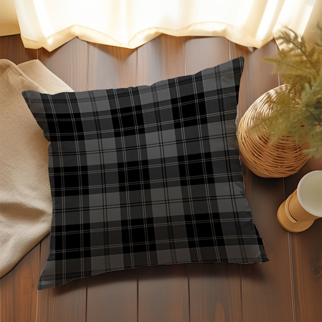 Grey and Black Plaid Velvet Throw Pillow Cover 45.72cm Zipper Machine Washable