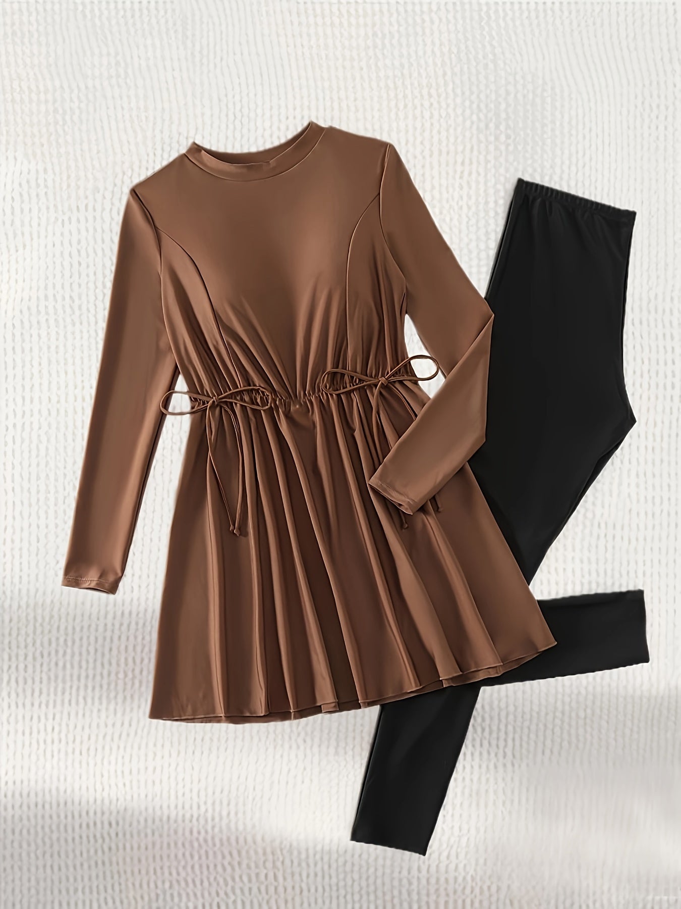 Women's Conservative Full-Length Swimsuit Set High Neck Solid Polyester Knit