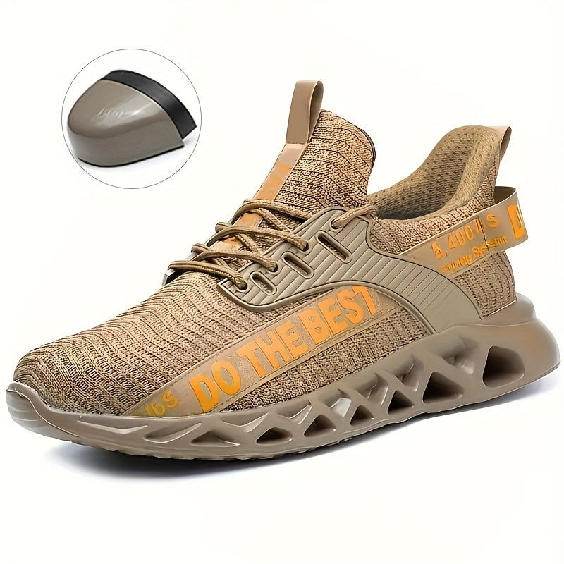 Women'S Plus Size Safety Sneakers Breathable Knit Beige Steel Toe Anti-Puncture