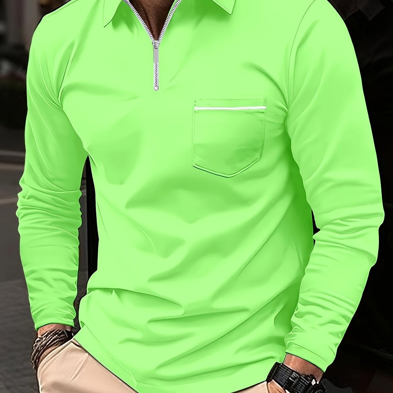 Men's Long Sleeve Solid Zipper Shirt with Lapel Collar and Chest Pocket for Spring Fall Outdoor Wear