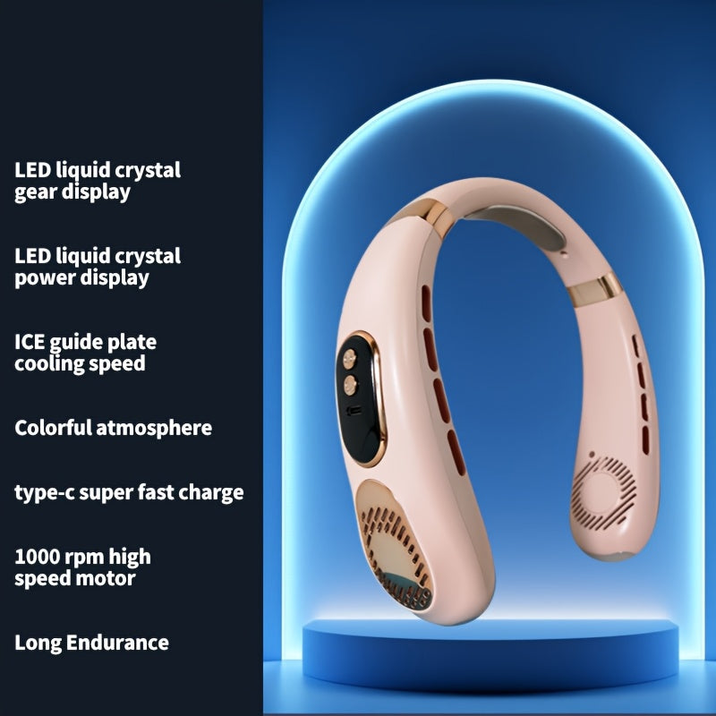 Portable Neck Fan with 7-Color LED Lights, Dual Turbo Outlets, 5-Speed
